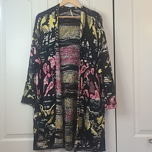 Free People Think Twice Printed Cardigan Black Pink Green Yellow Size M - Picture 2 of 13